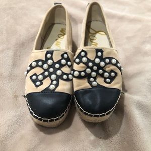 Sam Edelman Celton Leather Espadrille Pearl Beaded Logo Platform Shoes 7.5 Cream